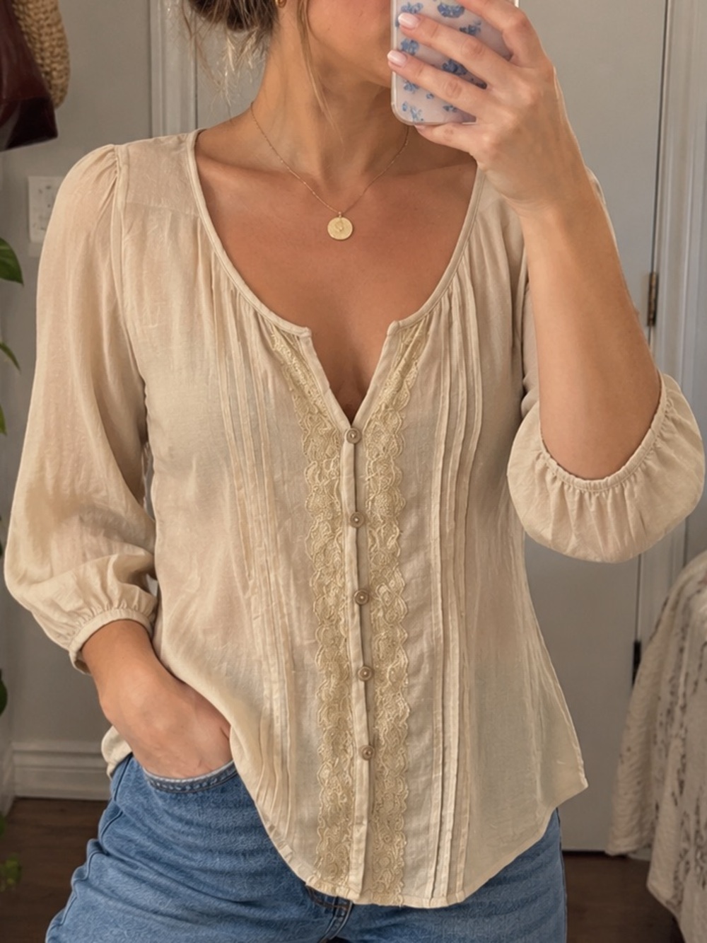 Full Tilt Peasant Blouse Womens XS Cream Lace Pintuck 3/4 Sleeve Boho